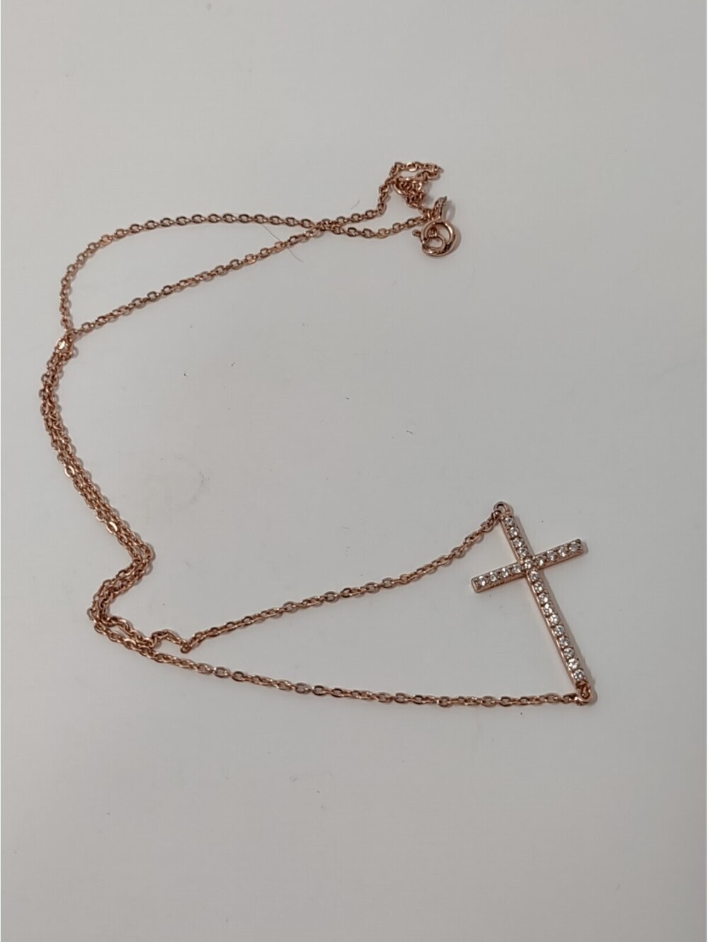 925 Rose Gold Tone CZ Sideways Cross Necklace 16" Adjustable